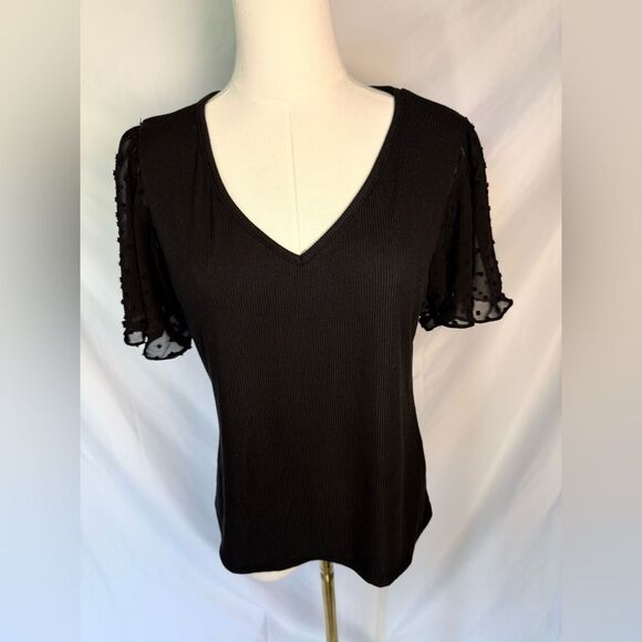 C'Est La Vie Tops - C'est La Vie Ribbed & Swiss Dot V Neck Top Black Size Small